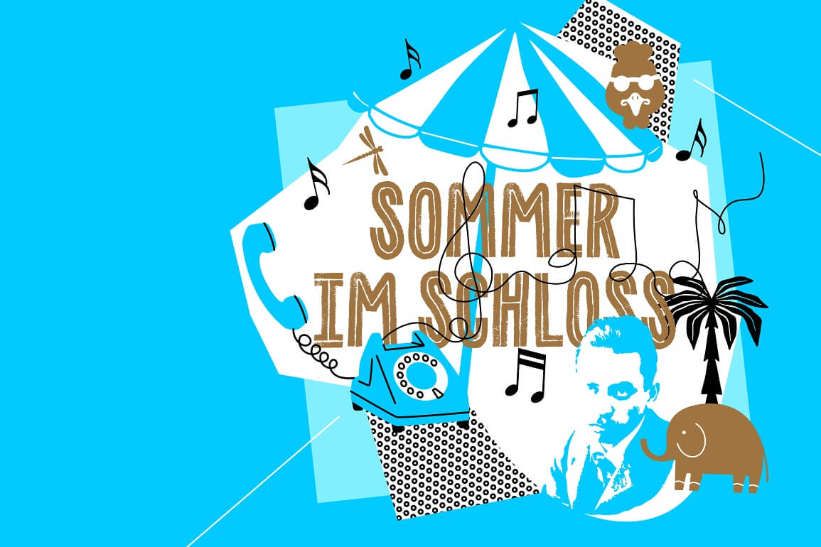 Auf hellblauem Untergrund steht in Gold der Schriftzug "Sommer im Schloss". Außerdem sieht man verschiedene Icons in Gold oder hellblau, wie ein Telefon, das Konterfei von Rilke, einen Elefanten, einen Sonnenschirm und Musiknoten
