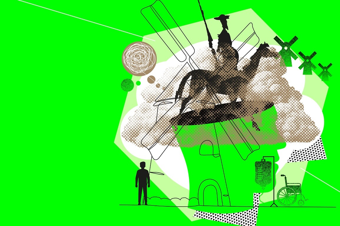 Illustration auf hellgrünem Hintergrund mit einem Ritter mit einer Lanze auf einem Pferd, es sind Windmühlen zu sehen, ein Rollstuhl, eine große Wolke und ein angeschnittener Menschenkopf