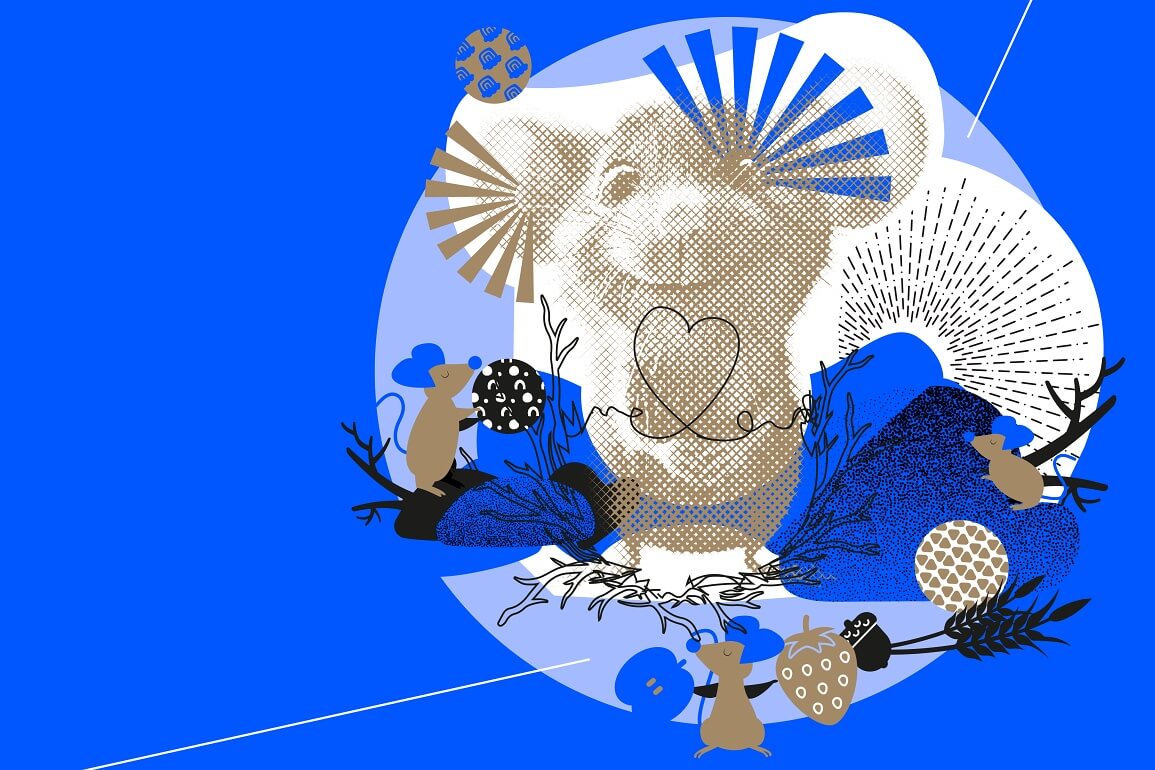 Illustration auf dunkelblauem Hintergrund mit einer Maus, aus deren rechtem Auge und linkem Ohr Strahlen kommen. Neben und unter ihr sind weitere Mäuse zu sehen, die Erdbeeren, Äpfel und Getreide in den Händen halten