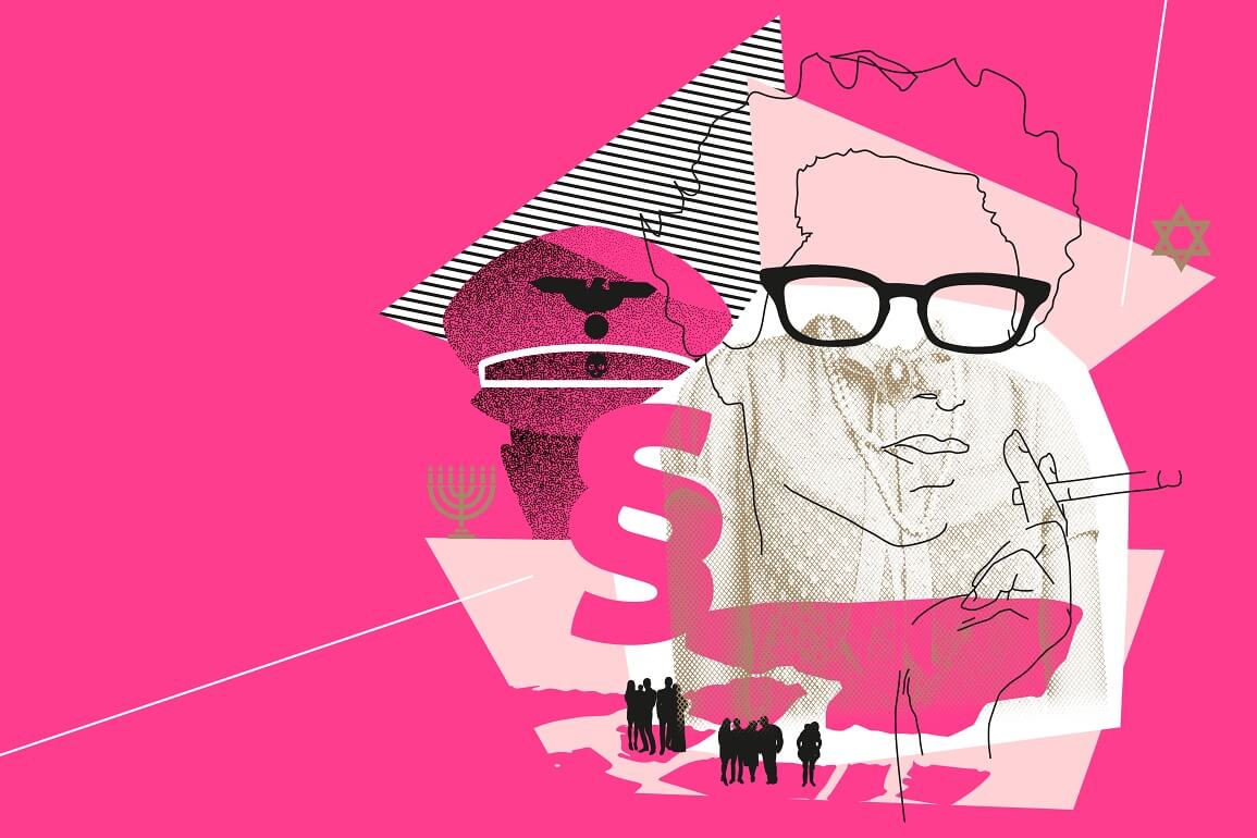 Illustration auf pinkem Hintergrund mit dem Konterfei von Hannah Arendt, die eine Zigarette raucht. neben ihr ist das Paragraphen-Zeichen zu sehen, ebenso wie eine Uniformmütze der SS