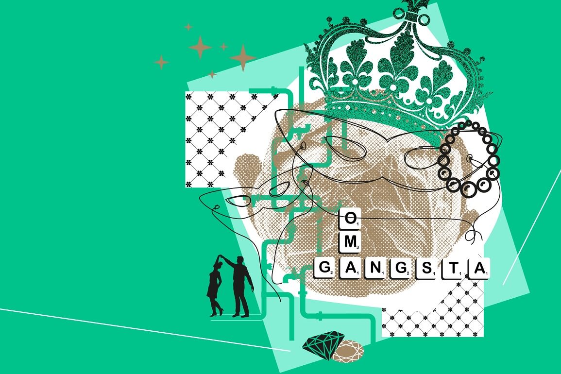 Illustration auf dunkelgrünem Hintergrund, die aus einem Kohlkopf mit einer Krone besteht. Außerdem ist die Silhouette eines tanzenden Paares zu sehen, eine Perlenkette und Diamanten. Scrabble-Steine ergebe die Wörter Gansta und Oma