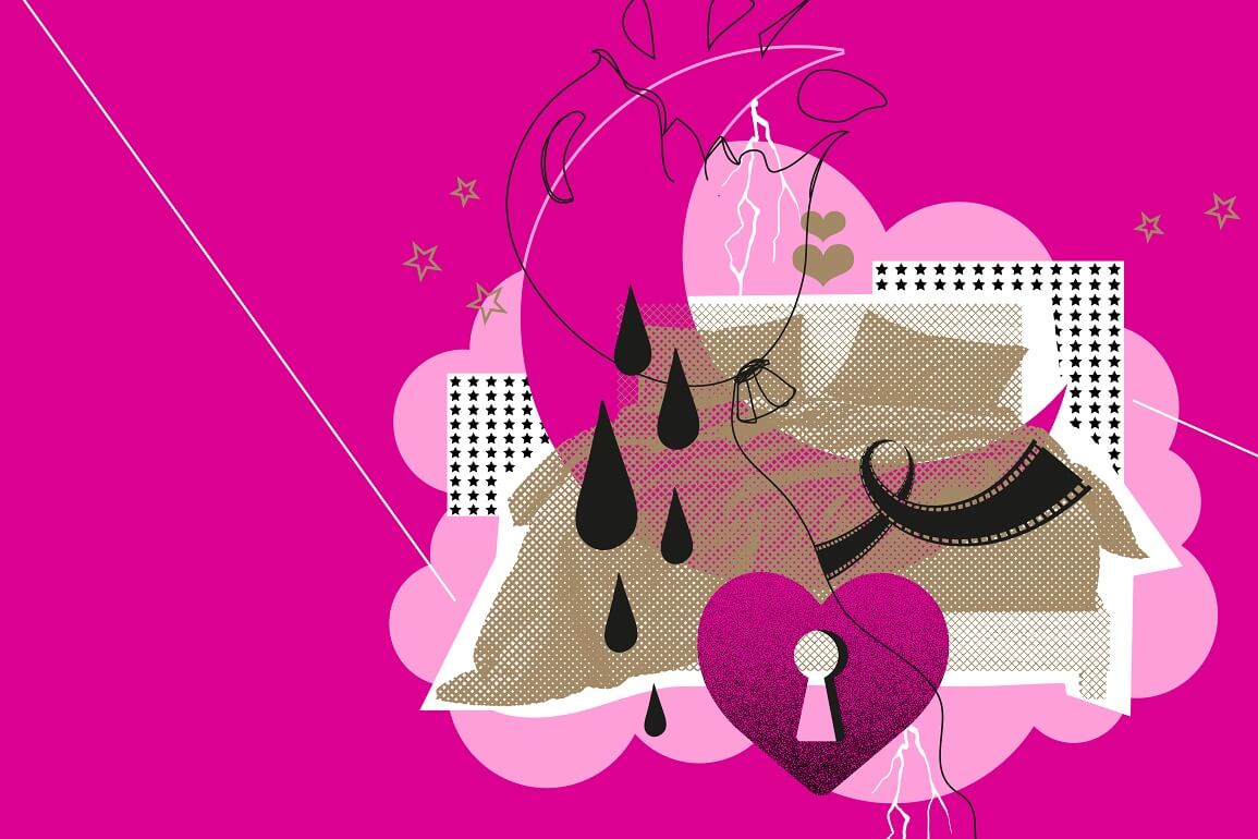 © Bärbel Bosch Illustration auf beerenfarbigem Hintergrund, einen Halbmond, einen geplatzen Luftballon, ein Doppelbett und ein herzförmiges Schlüsselloch zeigt