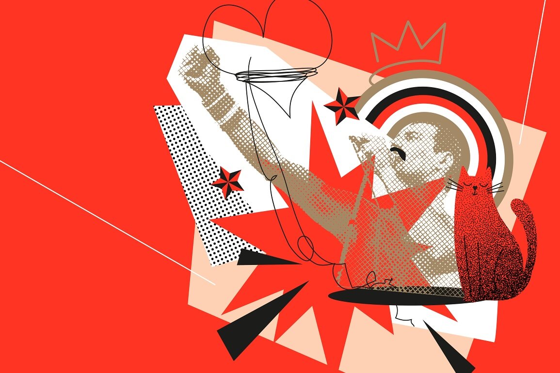 Illustration auf neonrotem Hintergrund, auf der Freddie Mercury zu sehen ist, der die Faust in den Himmelstreckt. Außerdem ist ein Herz abgebildet, eine Krone, ein Regenbogen sowie eine Katze