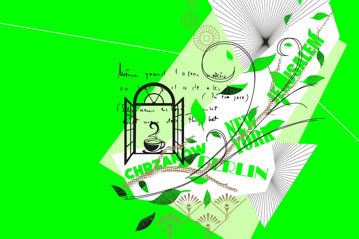 © Bärbel Bosch Illustration auf neongrünem Hintergrund, zu sehen ist ein offenes Fenster mit einer dampfenden Tasse, außerdem Blumen sowie die Stadtnamen Berlin, New York und Jerusalem sind ausgeschrieben. Zudem ist ein Gedicht in Handschrift abgebildet