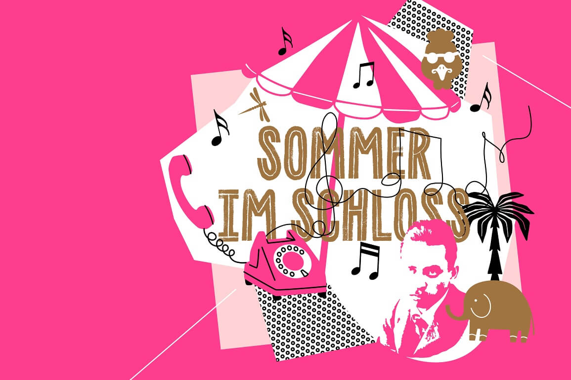 Auf pinkem Untergrund steht in Gold der Schriftzug "Sommer im Schloss". Außerdem sieht man verschiedene Icons in Gold oder hellblau, wie ein Telefon, das Konterfei von Rilke, einen Elefanten, einen Sonnenschirm und Musiknoten