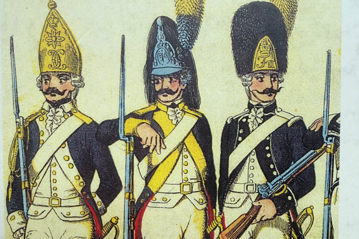 Zu sehen ist ein älteres Gemälde mit drei Soldaten in Uniformen des Kap-Regiments
